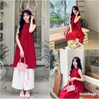 Sét áo dài cách tân nữ tính dễ thương, áo dài đỏ cổ yếm sát tay from babydoll phối quần lụa trắng ống rộng kèm mấn đội
