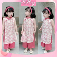 Set áo dài cách tân sát nách kèm bờm cho bé gái mặc tết