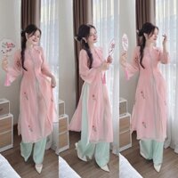 Set Áo Dài Cách Tân Tết 2025 - Xẻ Tà Phối Nút Bọc, Kèm Quần Lụa, Xinh Xắn Và Dễ Thương