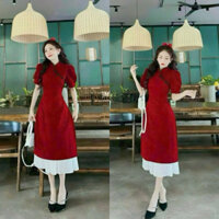 Set áo dài cách tân thời trang nữ mặc đi Tết chất nhung cứng cổ tàu đính nút chéo tay ngắn váy maxi phối lụa dập ly QC🌹
