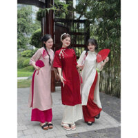 Set áo dài cách tân thời trang mặc đi chơi chất vải tuyết nhung ánh kim đính nút bọc đính nơ kèm quần dài ống rộng.