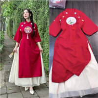 Set áo dài cách tân thời trang nữ mặc đi chơi chụp hình ngày lễ tết chất vải đũi phối chân váy tơ 2 lớp,