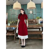Sét áo dài cách tân thời trang nữ mặc đi Tết chất nhung cứng cổ tàu đính nút chéo tay ngắn váy maxi phối lụa dập ly