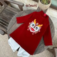Set Áo Dài Cách Tân Vải Nhung Đỏ Họa Tiết Đầu Lân Kèm Quần Trắng Đũi Lụa Cho Bé Từ 6-16kg TN115 C95