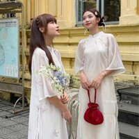 Set Áo dài cách tân XUÂN THÌ voan tơ 4 tà thêu tay nơ nhỏ kèm quần dài satin HAVANA AD103