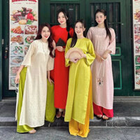 Set áo dài cách tân xuông xưa ,Áo dài gấm tơ dáng suông tay loe cổ tròn đính cúc bọc cách điệu mặc Tết sang trọng