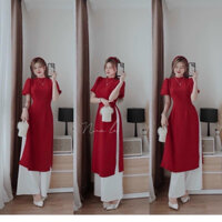 Set áo dài đỏ cách tân tay bồng mix quần dài trắng ống suông rộng vải lụa nhung mặc Tết siêu sang QC🌹🌹 👗 👗 👗