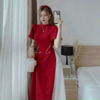 Set áo dài đỏ cách tân tay bồng mix quần dài trắng ống suông rộng vải lụa nhung mặc Tết siêu sang QC🌹🌹 ĐẦM VÁY