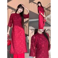Set ÁO DÀI đỏ mặc TẾT hiện đại mẫu mới chất ren 2 lớp lông vũ tay lỡ cổ trụ cột nơ phối quần lụa cực sang