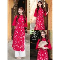 Set áo dài đón Tết mẫu mã mới tơ thêu hai lớp cổ trụ tay lở phối quần phi lụa trắng đẹp sang xịn mịn