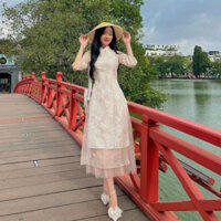 Sét Áo Dài Hoa Nổi Phối Tay Voan + Chân Váy xếp Ly - D0649 TH