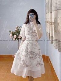 Set ao dai hoa noi phoi voan tay lung - D0099 - Trắng - Size L