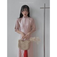 SET ÁO DÀI HỒNG TAY PHỐI VOAN XẺ TÀ + QUẦN SUÔNG ĐỎ