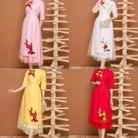 Set áo dài kiểu mặc tết họa tiết thêu siêu tân cổ điển cho dịp lễ tế chùa đầu năm