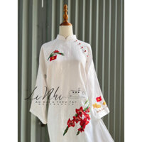 Set áo dài linen tưng premium washed 200gsm trắng thêu hoa lay ơn