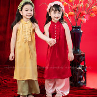 Set Áo dài lụa bé gái Tết EM BÉ ƠI kèm quần và băng đô cài tóc, Áo dài cách tân lụa cao cấp bé gái - AD05