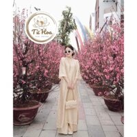 Set áo dài lụa be họa tiết hoa cúc, Áo dài lụa tơ tằm cao cấp, Set áo dài nữ , Áo dài Từ Hoa