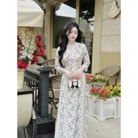 Set áo dài lụa Pháp mềm mại hoa nhí đơn giản nhẹ nhàng snny áo  dài Nữ Women đen đính nơ cúc