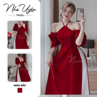 Set áo dài mặc chơi TẾT cổ yếm tay phồng set áo dài cách tân nhung đỏ phối quần dài ống rộng lụa nhẹ nhàng thanh lịch