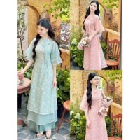 Set áo dài mặc Tết trẻ trung chất vải voan tơ in hoa hai lớp phối quần lụa chất mịn đẹp hàng mới về