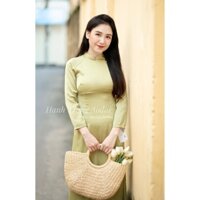 Set áo dài màu xanh lá cách tân dài xuông dáng xưa vải lụa ngọc cao cấp,áo dài ngực đính ngọc trai đơn giản