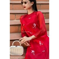Set Áo Dài MAY.SINCE2011 Thêu Hoa Đào Gắn Nơ Vai + Quần Lụa Hồng TBD08-0067