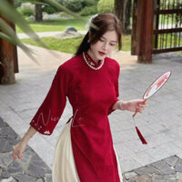 SÉT ÁO DÀI NHUNG TAY LỬNG CỔ KÍN PHỐI QUẦN ỐNG RỘNG