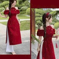 Sét áo dài nữ mặc tết chất nhung đính đá cao cấp cổ yếm bẹt vai kèm quần lụa mặc tôn dáng