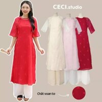 Set Áo Dài Nữ Tay Lửng Cách Tân 4 Tà Phối Hoa Đào Kèm Túi, Áo Dài Suông Tết Truyền Thống -CECI.studio - S257