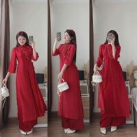 Set ÁO DÀI nữ vải voan tơ 2 lớp tay lỡ cổ trụ gài nút kiểu tàu cột nơ eo xẻ tà quần tuyết nhung mặc đi chơi TẾT xinh xắn