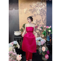 Set áo dài phi đỏ cúp ngực + quần suông đỏ