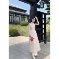 Set Áo Dài Ren Hoa Nổi + Quần lụa suông dài Áo dài 4 tà cổ trụ cổ tàu 4D Tay con kem sang trọng lễ tết 2025 thanh l