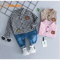 Set áo dài tay cổ bẻ ca rô + Quần jeans dài thời trang cho bé trai