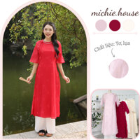 Set Áo Dài Tay Lửng Dáng Suông Cách Tân 4 Tà Cúc Ngọc Phối Nơ, Áo Dài Tết - Michie.house - S257