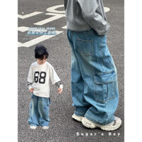 Set áo dài tay phối kẻ ngực 68 mix quần jeans bạc gối 2 túi nắp siêu chất dành cho bé trai (Tách lẻ)