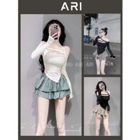 Set áo dài tay trễ vai dây ngực cổ tà chéo nhọn kèm chân váy ngắn xoè tầng xếp ly