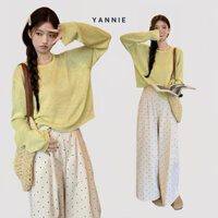 Set áo dài tay vàng croptop + quần kem chấm bi Yannie