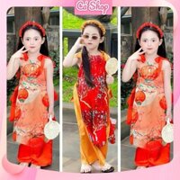 Set áo dài tết bé gái CS743, Áo dài 2 dây ĐÈN LỒNG - HOA quần lụa kèm bờm cho bé gái