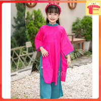 Set áo dài tết cho bé gái 1-10 tuổi in cành hoa hở vai vải tơ hàng thiết kế cao cấp thời trang