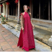 Set Áo Dài Tết Đỏ - Cổ Yếm Quần Suông Ống Rộng: Sự Kết Hợp Đẳng Cấp và Xinh Đẹp Trong Bức Tranh Xuân Nồng Thắm.
