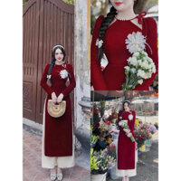 Sét áo dài thời trang nữ mặc đi chơi Tết chất NHUNG cổ yếm tròn viền cườm tay dài đính bông mix quần tuyết nhung trắng