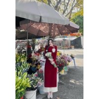 Sét áo dài thời trang nữ mặc đi chơi Tết chất nhung cổ yếm tròn viền cườm tay dài đính bông mix quần tuyết nhung trắng.