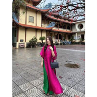 Set áo dài tơ tằm hồng thêu hoa tỉ mỉ bằng tay