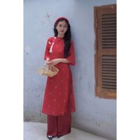 Set áo dài truyền thống nữ Maian áo dài 4 tà cổ tròn kèm phụ kiện tay lửng xẻ lỡ thêu hoa với quần lụa mềm bo chun S5246