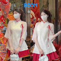 Set áo dài voan thêu hoa 2 lớp cổ sen tay lỡ đính nơ kèm chân váy voan xếp ly, áo dài cách tân Tết