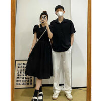 Set áo đầm đôi Hàn Quốc sơ mi dáng xòe đồ cặp couple màu đen