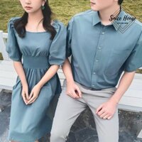 Set áo đầm đôi sơ mi đầm xòe phong cách Hàn Quốc dành cho các cặp đôi màu xanh mint