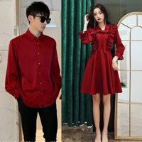 Set áo đầm sơ mi đôi màu đỏ đầm tiêu thư cột nơ, đồ cặp áo cặp Hàn Quốc