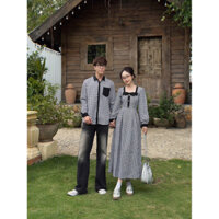 Set áo đầm sơmi đôi sọc caro trắng đen (Ảnh thật)