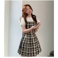Set áo + đầm yếm caro xếp li